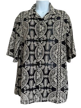 Zara Men Black Tan Embroidered Button Down Shirt Size Medium Short Sleeves